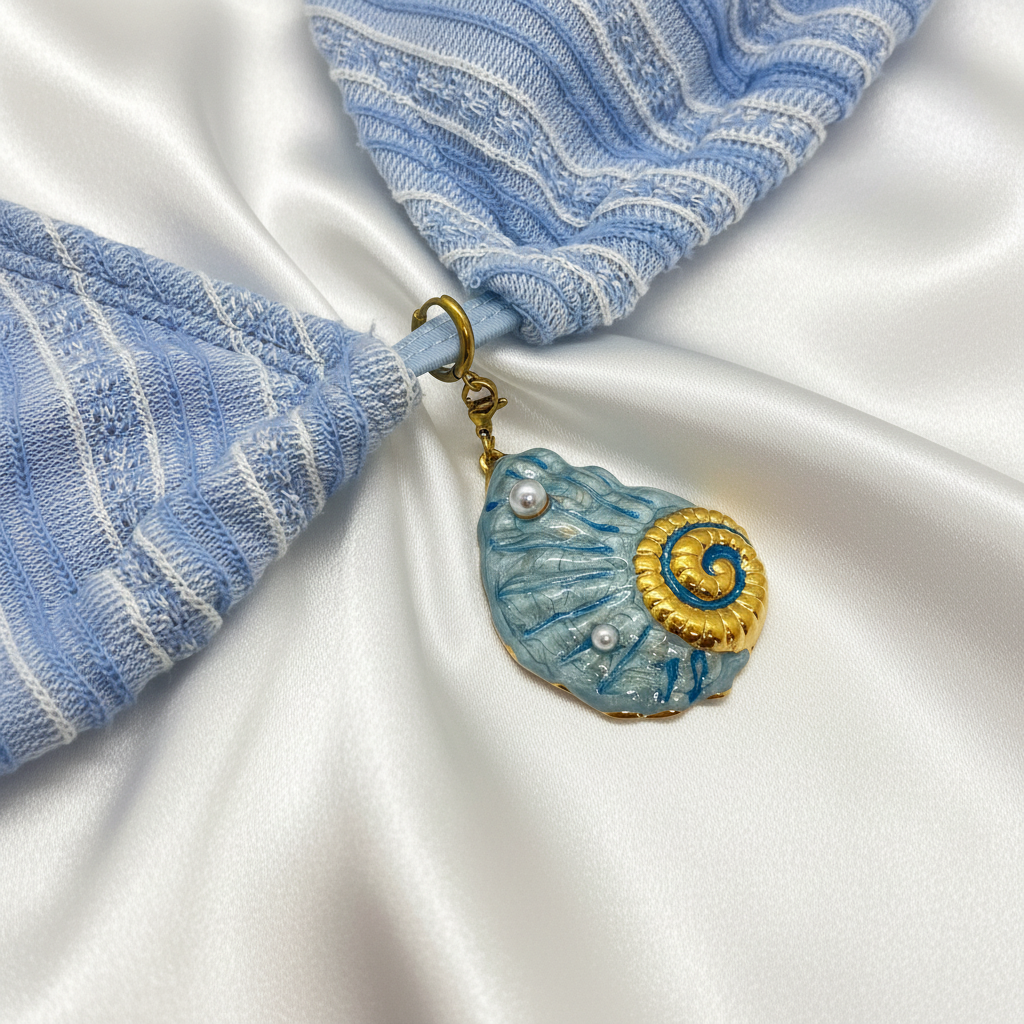Bijou de maillot de bain - charm coquillage émaillé avec spirale dorée et perles, vue 2