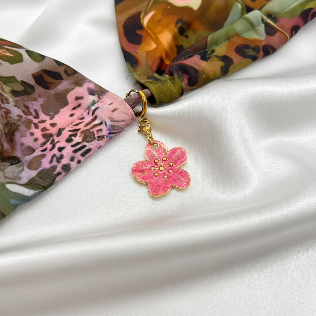 Bijou de maillot de bain - charm fleur rose émaillée avec détails dorés, vue 2