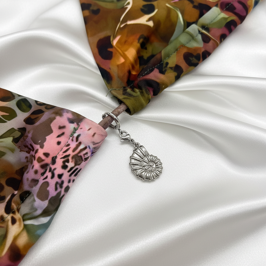 Charm ammonite argentée fond soie blanche bijou de maillot de bain