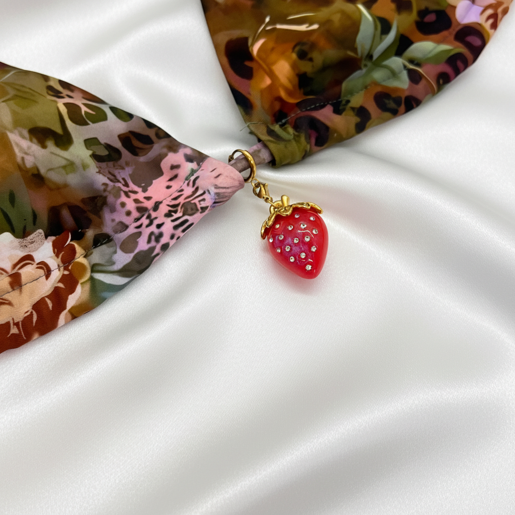 Fraise sur maillot fleuri - vue 1 - fond soie blanche