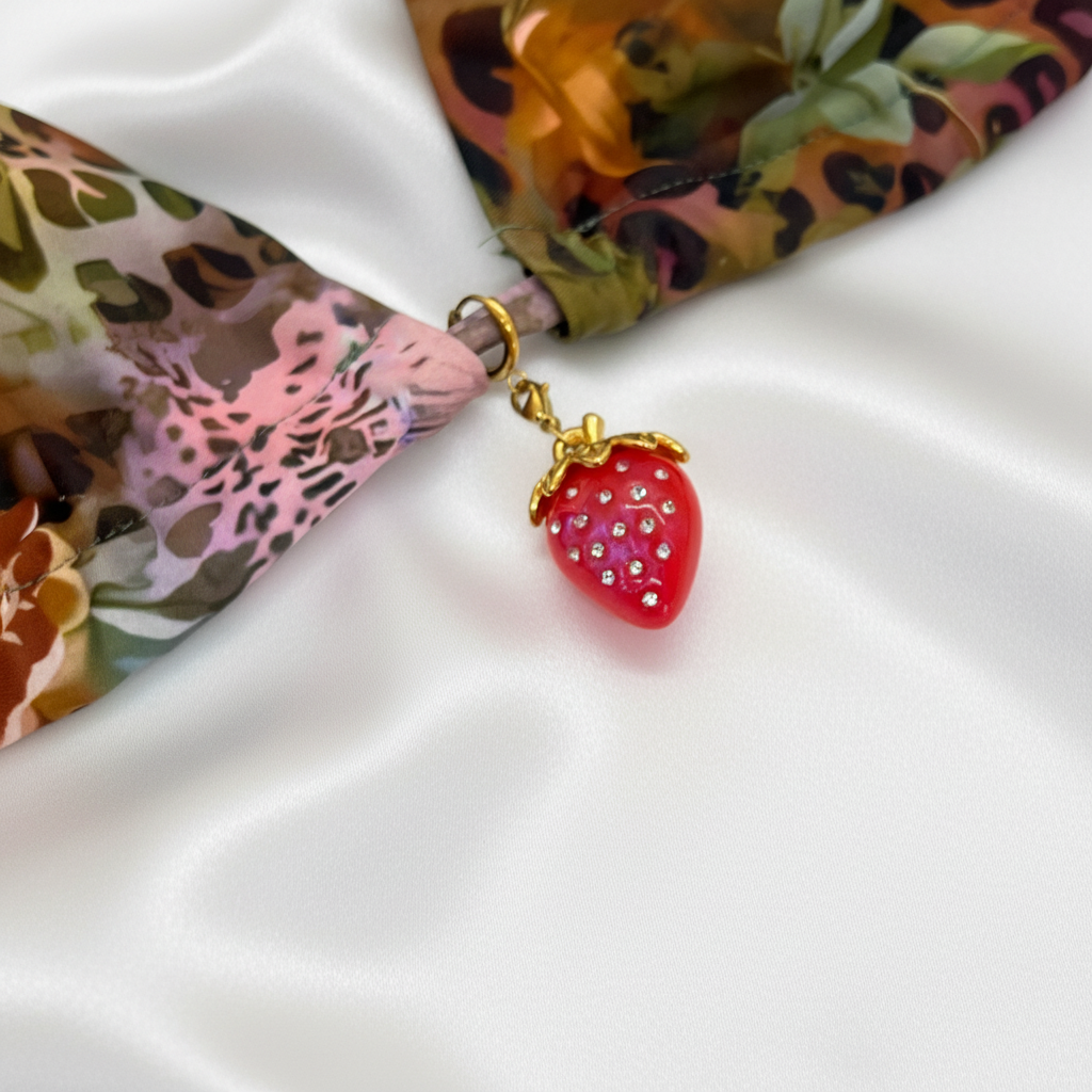Fraise sur maillot fleuri - vue 2 - fond soie blanche